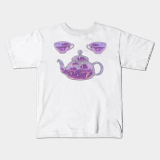 Magical soft night clouds tea set with dark background Kids T-Shirt